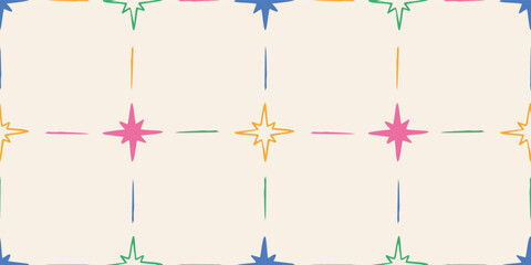Seamless geometric pattern with colorful star shapes, abstract check or tile. Trendy vector illustration on light background, hand drawn
