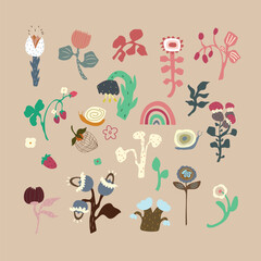 Set cute naive flowers, snails, rainbow, strawberry. Vector illustration with hand drawn kids flowers.
