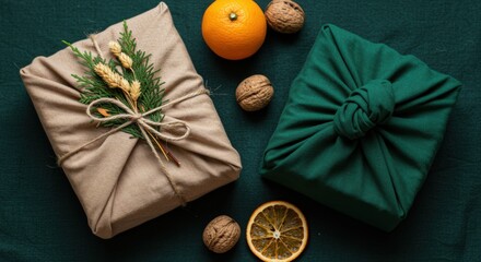 Eco-friendly gifts wrapped in fabric with natural decorations and festive elements