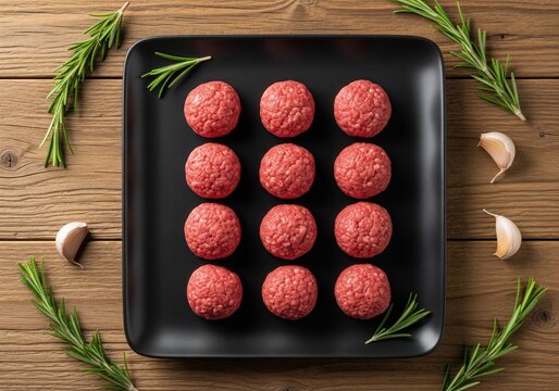 Raw Beef Meatballs on Black Plate Rustic Wood Background