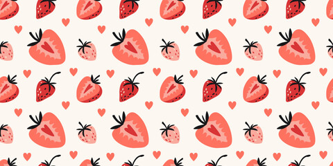 Seamless pattern with strawberries and heart shapes. Cute romantic fruit art for love and summer themes. Trendy modern vector illustration on light background, hand drawn, flat design