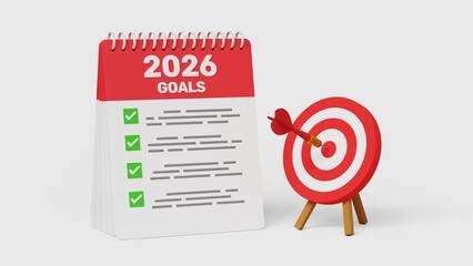 2026 Goals, New Targets, Action Plan, Goals Checklist, New Opportunities, Business and Personal Growth, Performance Tracking, Planning, Roadmap, Vision. 3D Target with Goals list for 2026 on White