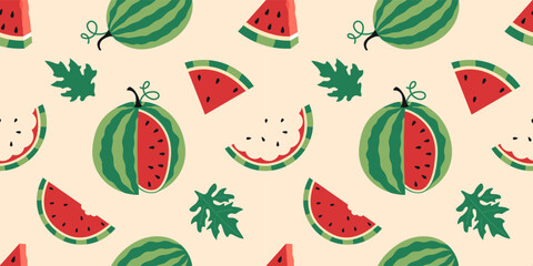 Seamless pattern with whole and sliced watermelons . Fresh summer fruit illustration for food and seasonal designs. Trendy modern vector illustration on light background, hand drawn, flat