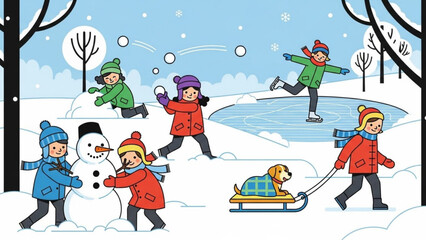 Children playing in the snow building a snowman having a snowball fight and ice skating winter outdoor activity illustration
