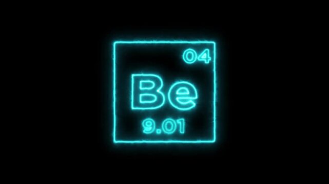 Beryllium periodic table element symbol hologram, chemical element Periodic Table, atomic weight element number on black background in 4K