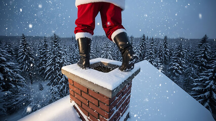 Santa claus climbing down chimney in snowy forest