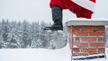 Santa claus climbing chimney in snow