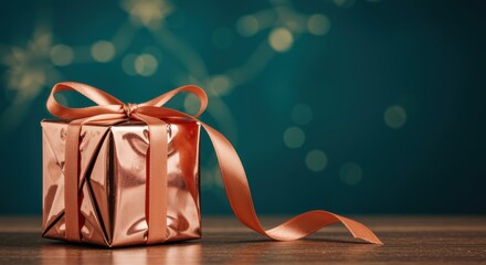 Elegant rose gold gift box with satin ribbon, festive bokeh background for celebrations