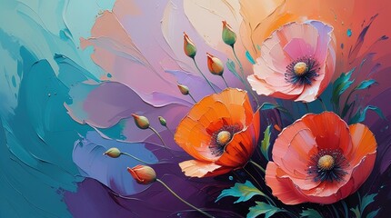 Vibrant poppy-like flowers in impasto oil painting. Abstract background with soft gradients creates ethereal feel. Thick paint, rich color, contemporary impressionist style. Wallart, greeting card