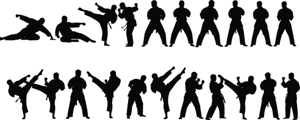Martial arts karate silhouettes collection featuring fighter athletes in action poses, kicks, strikes, defensive stances, and combat training positions for sports vector design,
