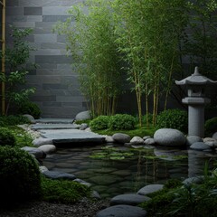 Tranquil Asian-style water garden featuring a calm reflecting pond surrounded by smooth river stones, lush moss, and carefully placed sculptural bamboo plants ,environment ,natural ,retreat