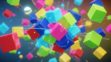Abstract image of bright multicolored geometric cubes exploding in space with bokeh effect
