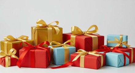 Assortment of beautifully wrapped gift boxes with ribbons in red, gold, and blue