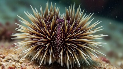 Macro Shot of a Purple Sea Urchin with Sharp Spines on the Ocean Floor