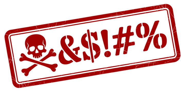 Warning: explicit content concept featuring a distressed red stamp with skull and censored symbols