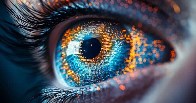 A macro close-up of a human eye with digital code reflecting in the iris, showcasing futuristic technology and artificial intelligence.