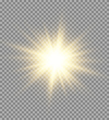 Shining sun with glowing rays emits golden light on a transparent background. Lens flare and sparkle effects create realistic illumination. Perfect for cosmic, summer, or magical designs.