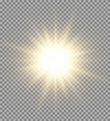 Vector starburst glows with sparkling light particles on a transparent background. Soft lens flare enhances dynamic magical effect. Perfect for holiday graphics, banners, or cosmic art.