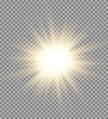 Golden star emits radiant sparkling rays with glowing lens flare. Transparent background makes it perfect for overlays. Ideal for festive banners, posters, or magical illustrations.