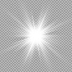 Vector starburst glows with sparkling light particles on a transparent background. Lens flare adds dynamic magical effect. Perfect for holiday graphics, banners, or cosmic art.