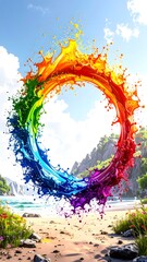 Colorful Paint Splash Circle Frame with Ocean Landscape