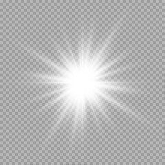 White star shines with radiant rays and sparkling particles. Lens flare adds depth and magical effect. Perfect for banners, posters, and festive digital art. 