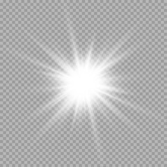 White sparkling star emits soft glowing rays. Lens flare and glitter enhance magical feel. Perfect for festive banners and digital designs.