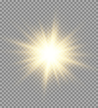 Shining sun with glowing rays emits golden light on a transparent background. Lens flare and sparkle effects create realistic illumination. Perfect for cosmic, summer, or magical designs.