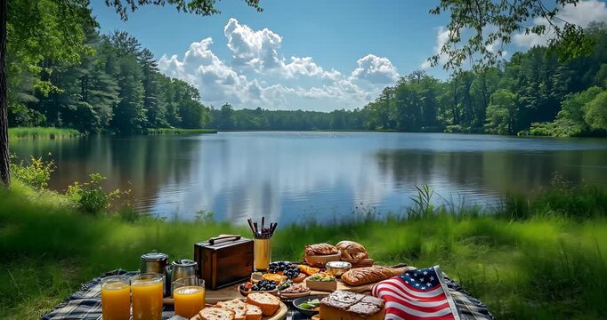 A picnic by a serene lake with bread, orange juice, and an American flag on a sunny day.