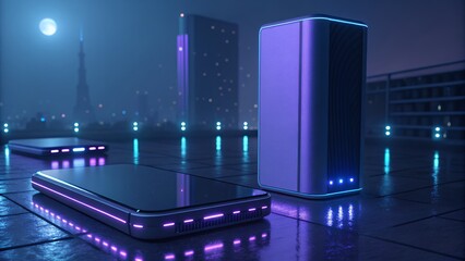 Futuristic Devices on a Neon Lit City Rooftop at Night Advanced Technology Urban Innovation Cyber Style Modern Digital Future AI Generated