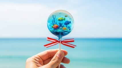 Hand holds lollipop with miniature aquarium inside