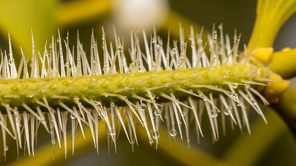 Macro View of Sharp White Thorns on a Green Stem with Morning Dew Drops