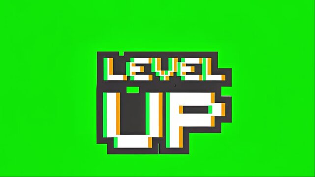 Retro Pixel Art Level Up Text Animation with Glitch Effect on Green Screen.