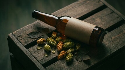 Brown beer bottle with blank label beside hops on wooden crate  