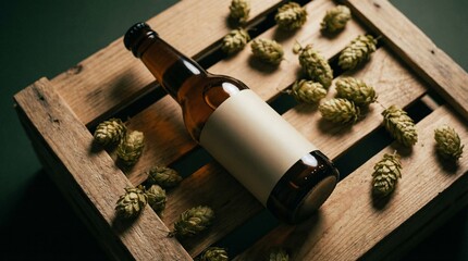 Craft beer bottle with blank label surrounded by hops on wooden crate  