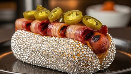 Gourmet bacon wrapped hot dog covered in diamonds and jalapenos