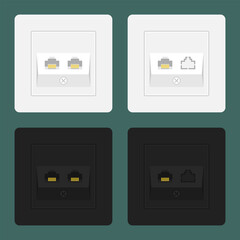 Ethernet wall sockets set. RJ45 data outlets in white and black color variations. Vector illustration for networking diagrams, smart home wiring guides, marketing materials, visualizations