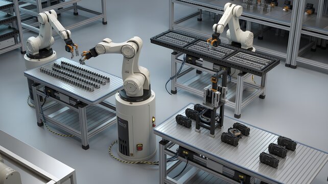 Industrial robot arm on conveyor programming interface in automated manufacturing cell, showing robotic manipulation and code-driven part handling.