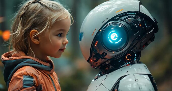 A little girl interacts with a friendly robot in a forest, showcasing a futuristic and heartwarming connection.