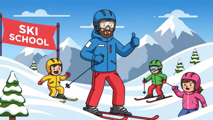 Ski school instructor teaching children to ski on a snowy mountain fun winter sport activity cartoon illustration for educational use