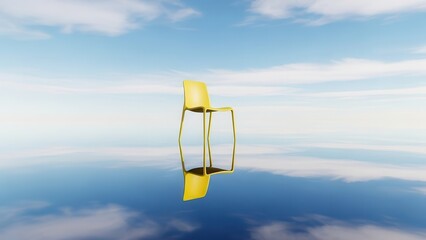 Minimalist yellow plastic chair floating over vast reflective blue water surface beneath serene cloudy sky horizon
