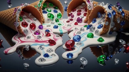 Waffle cones overturned spilling melting creamy liquid mixed with sparkling colorful diamonds and precious gemstones