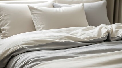 A neatly made bed with white and gray linens in a serene bedroom setting