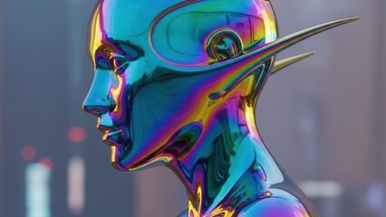 Extreme close up futuristic profile portrait of metallic humanoid elf with iridescent reflective skin and dramatic pointed ear design