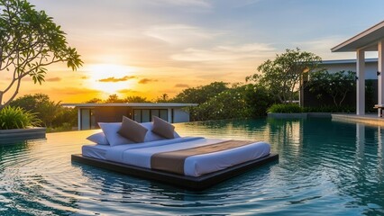 Luxurious floating bed suite centered in infinity pool water at an exclusive tropical villa resort during a stunning sunset hour