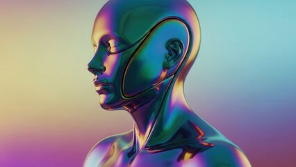 Smooth iridescent metallic humanoid bust in profile showcasing abstract features and fluid contours against a soft gradient background