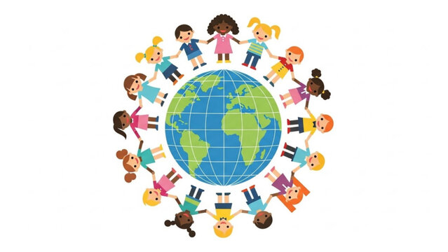Diverse group of children holding hands around the Earth symbolizing global unity and friendship perfect for educational and international concepts