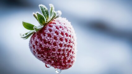 Macro shot of fresh red strawberry covered in delicate white frost crystals against blue blur