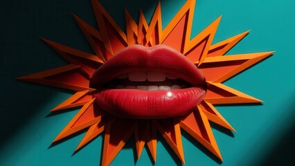 Red lips illustration bursting from orange star shape on teal background