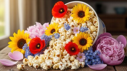 Popcorn spilled from bucket mixed with sunflowers poppies and peonies